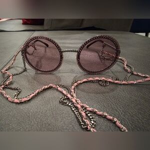 Chanel 4245 Round Pink-Tinted Sunglasses with Pink Leather Woven Chain